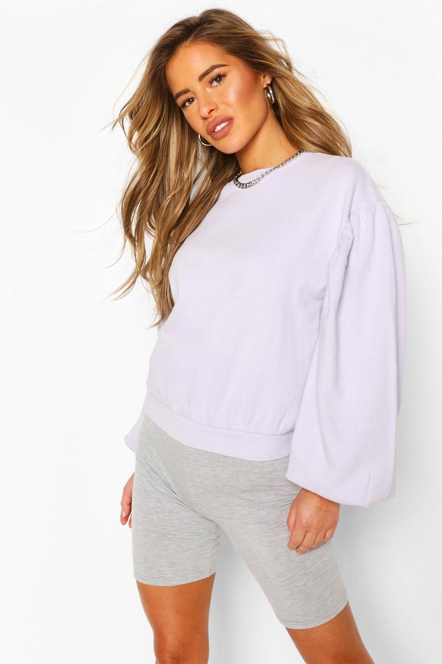 Lilac Petite Acid Wash Puff Sleeve Sweatshirt image number 1