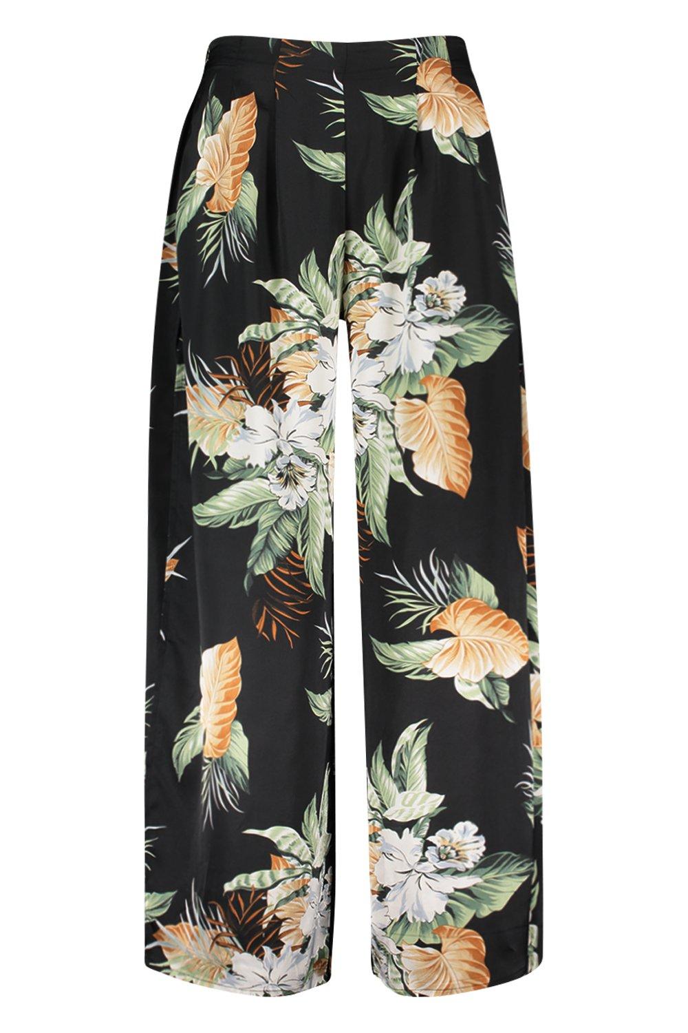 Black Tropical Print Satin Wide Leg Trousers