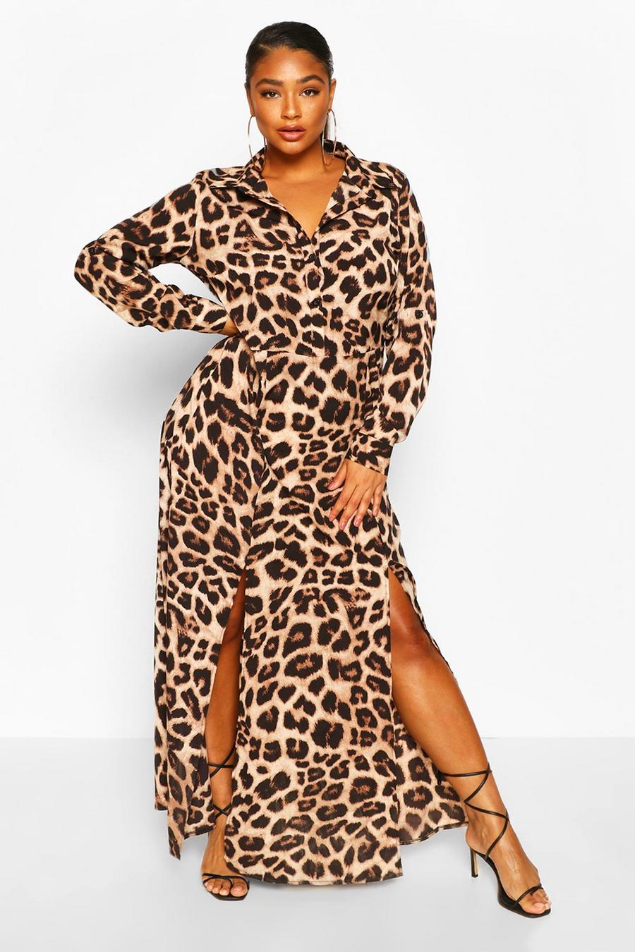 Brown Plus - Leopardmönstrad oversize lång skjortklänning image number 1