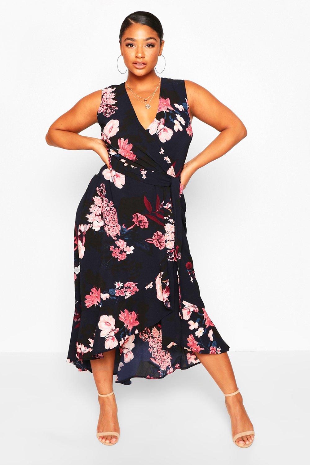 boohoo ruffle wrap midi dress in floral