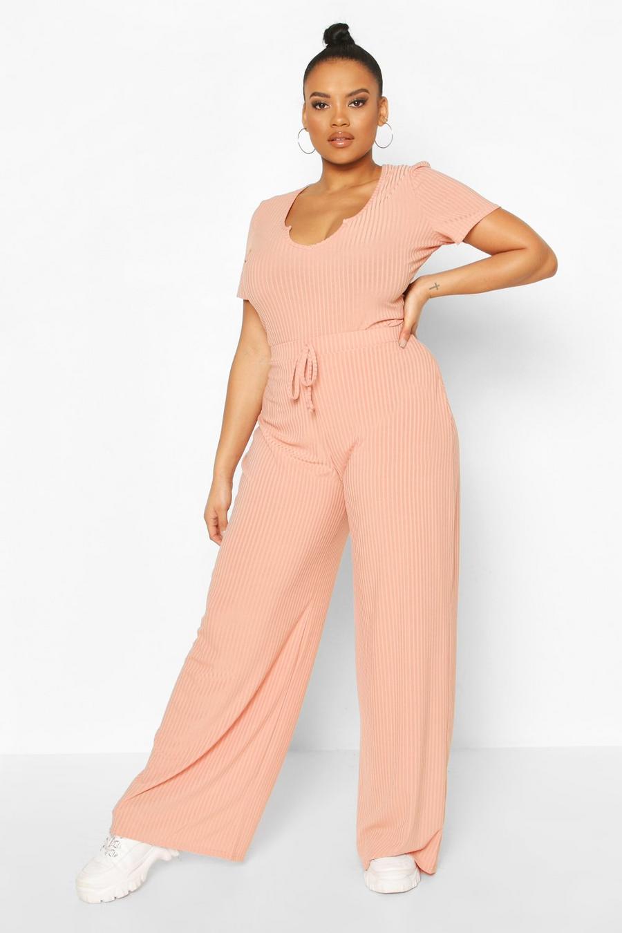 Apricot nude Plus Rib High Waisted Wide Leg Trouser image number 1