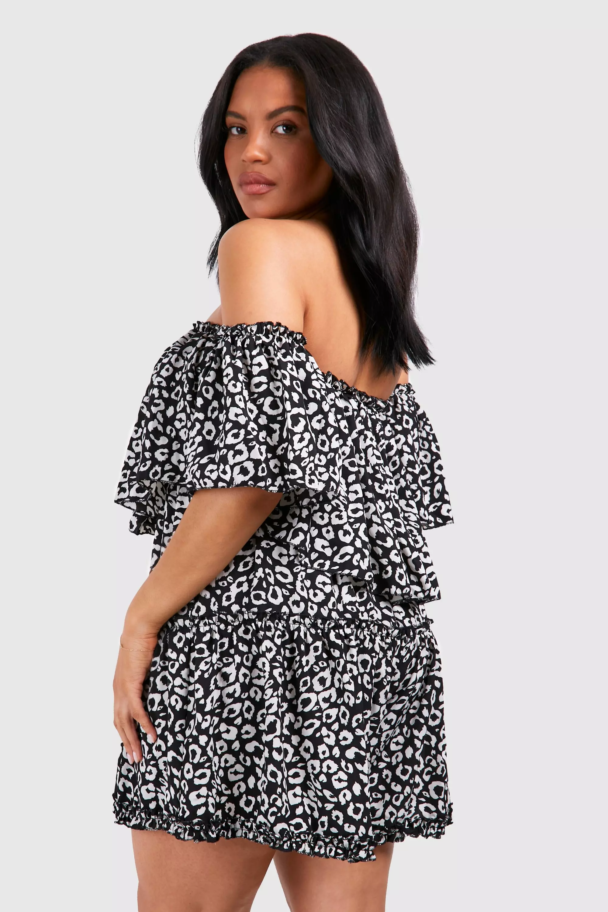 Black Plus Leopard Print Bardot Ruffle Playsuit alternative image