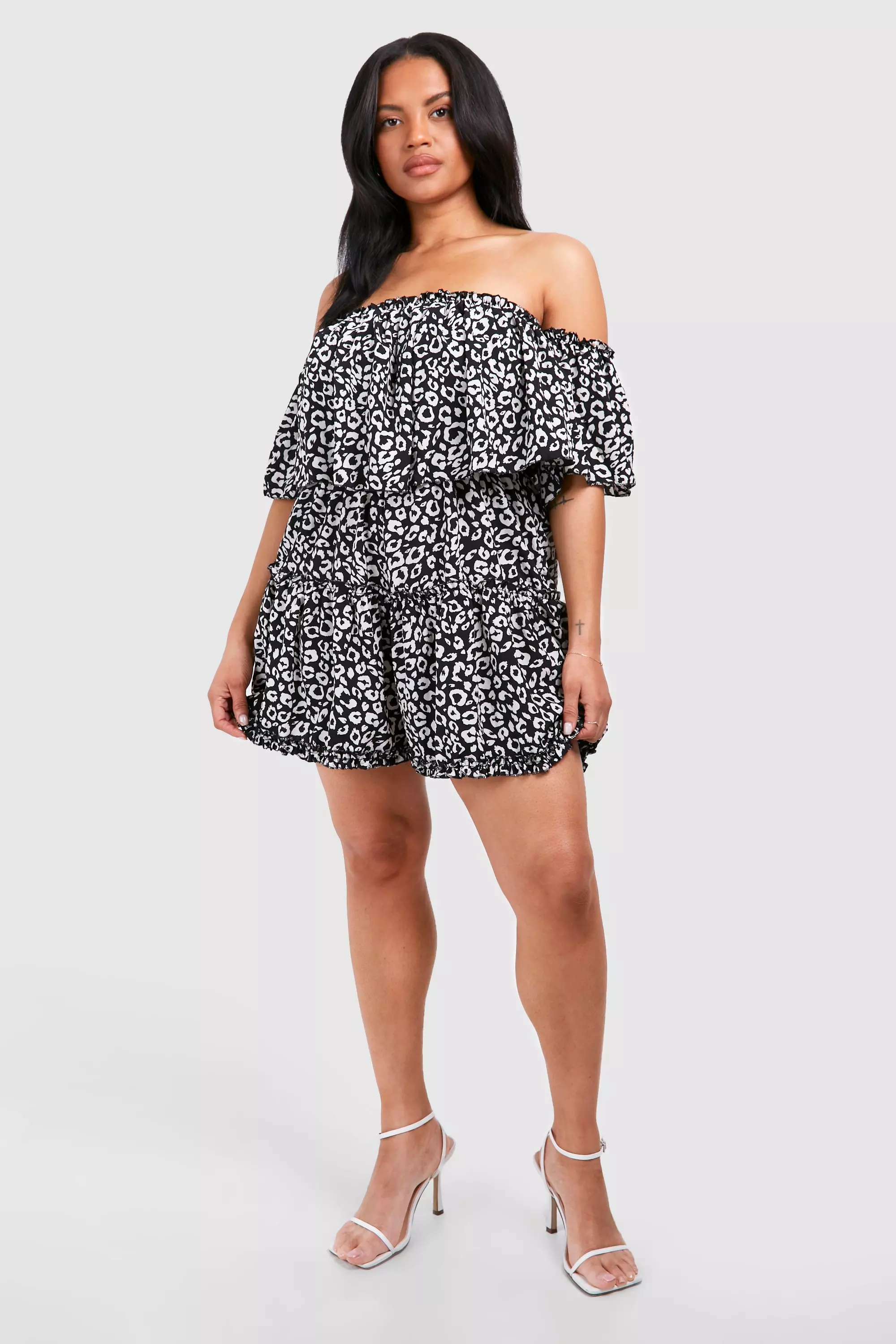 Black Plus Leopard Print Bardot Ruffle Playsuit alternative image