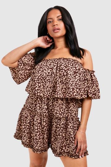 Plus Leopard Print Off The Shoulder Ruffle Romper chocolate