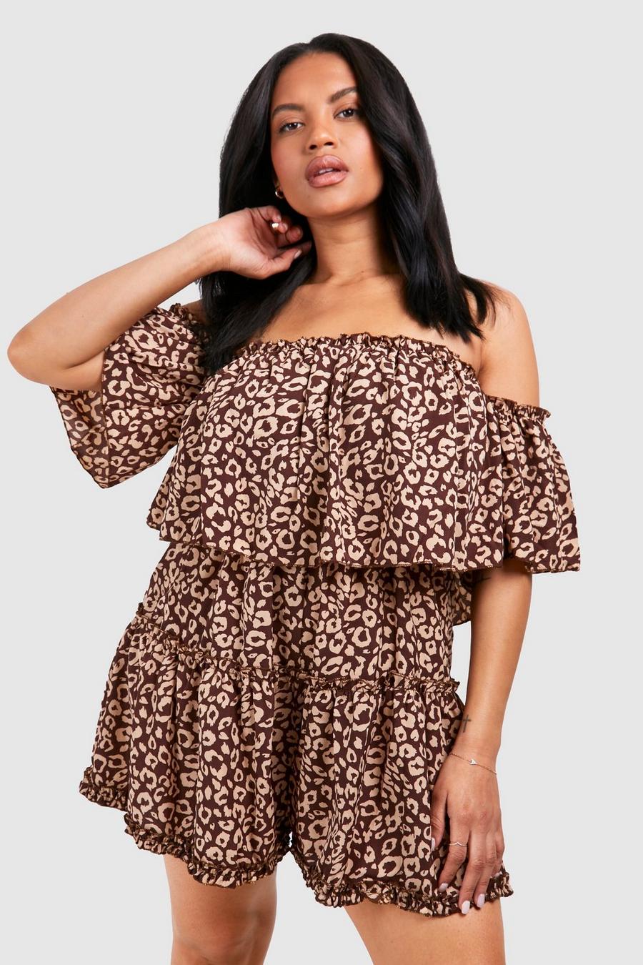 Chocolate Plus Leopard Print Off The Shoulder Ruffle Romper image number 1