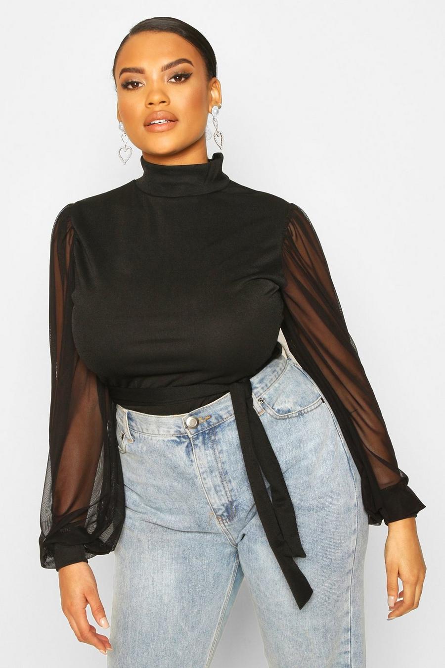 Black Plus Mesh Puff Sleeve Belted Tunic Top image number 1