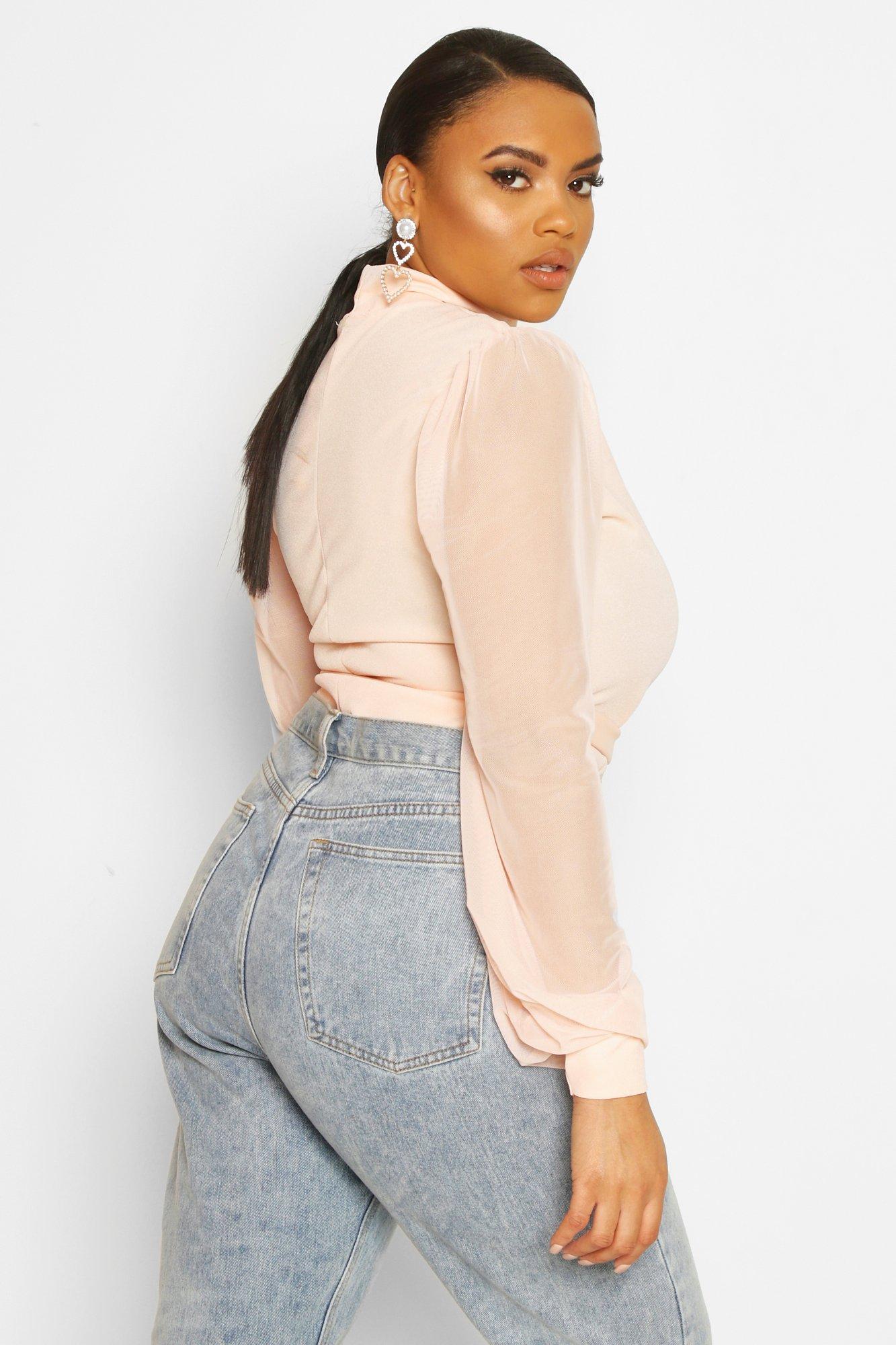 Plus Mesh Puff Sleeve Belted Tunic Top | boohoo