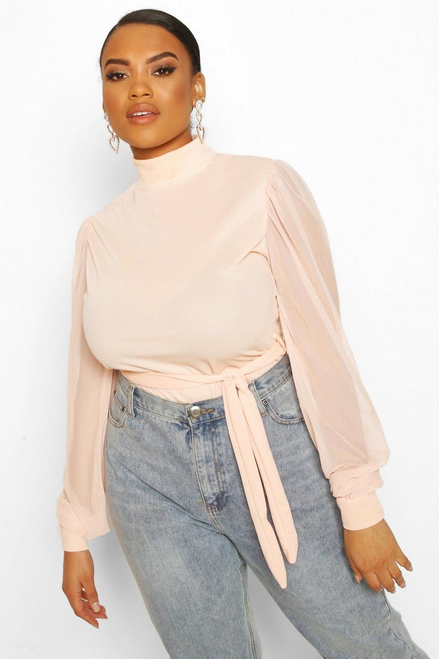 Blush Plus Mesh Puff Sleeve Belted Tunic Top image number 1