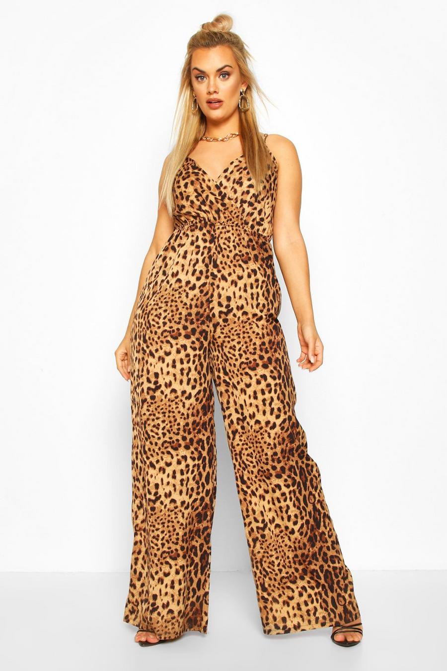 Brown Plus - Leopardmönstrad jumpsuit med tunna axelband image number 1