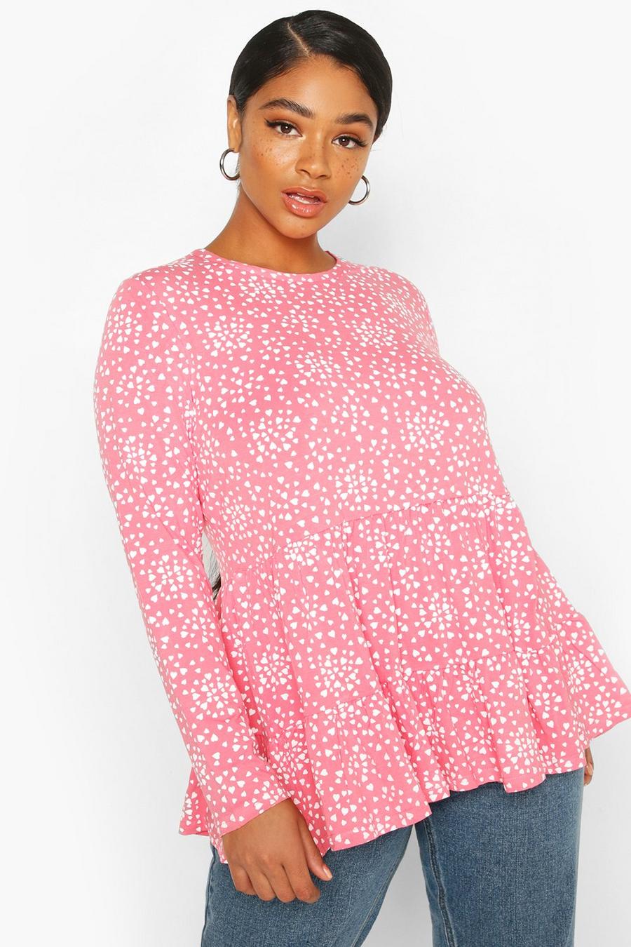 Coral Plus Heart Print Tiered Smock Top image number 1