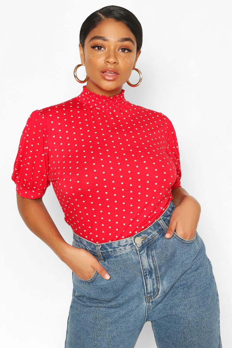 Plus Heart Print Puff Sleeve Ruched Collar Top image number 1