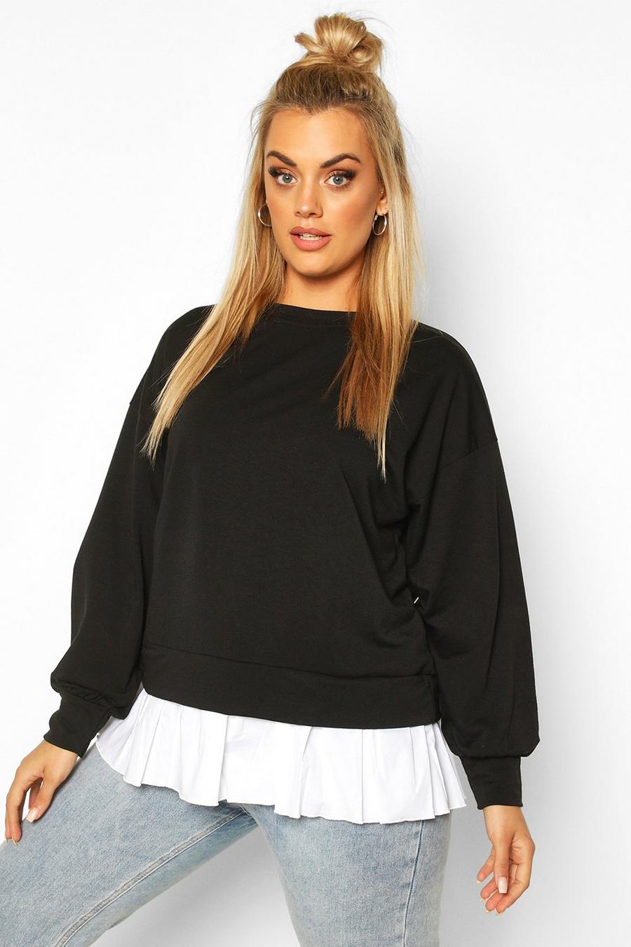 Plus Pullover aus Baumwolle in Kontrastfarben mit Rüschen, Schwarz image number 1