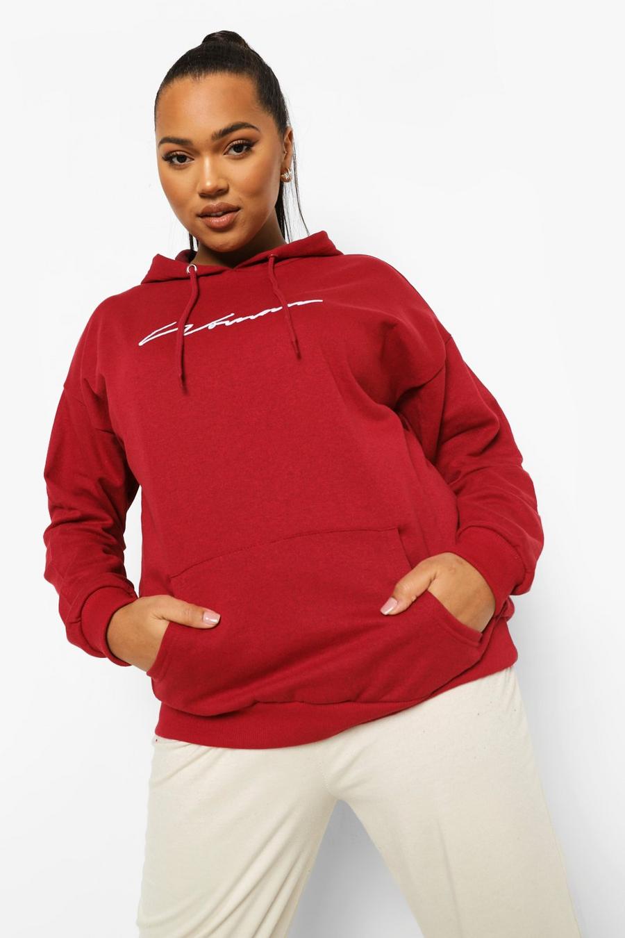 Grande taille - Sweat à capuche ovesize brodé "Woman", Berry image number 1