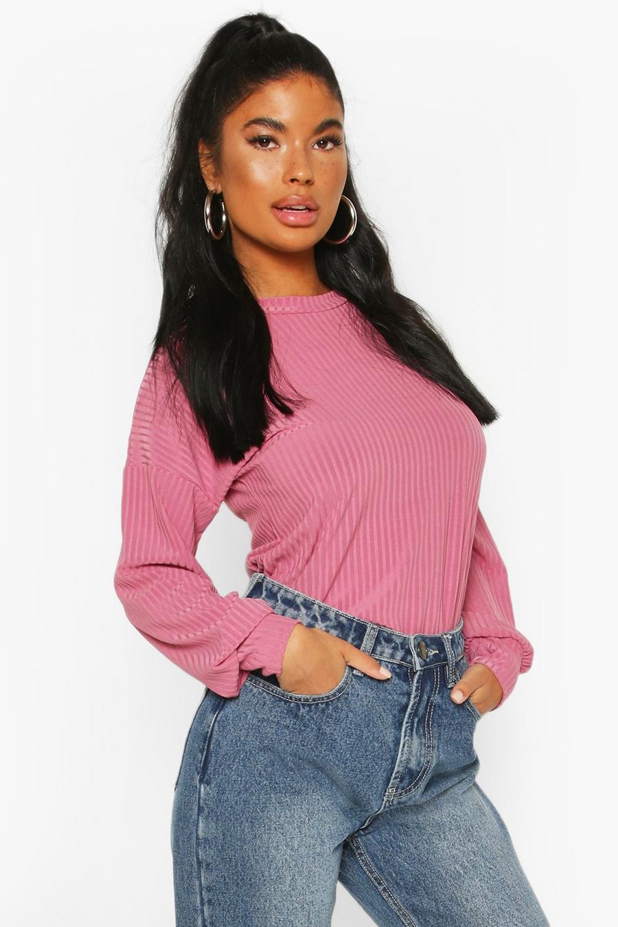 Pink Petite Ribbed Long Sleeve Top image number 1