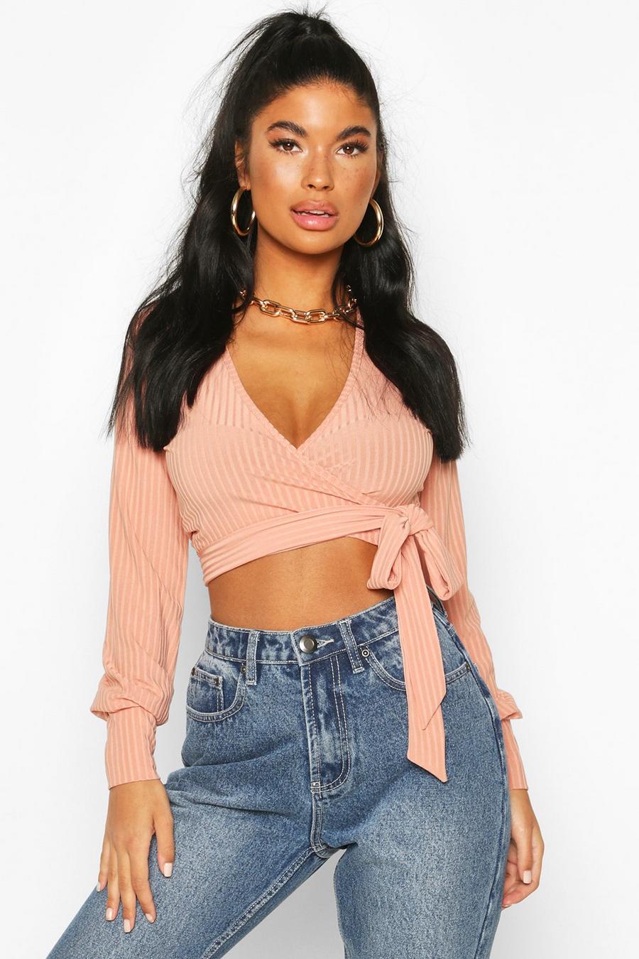 Peach Petite - Ribbad crop top i omlottmodell image number 1