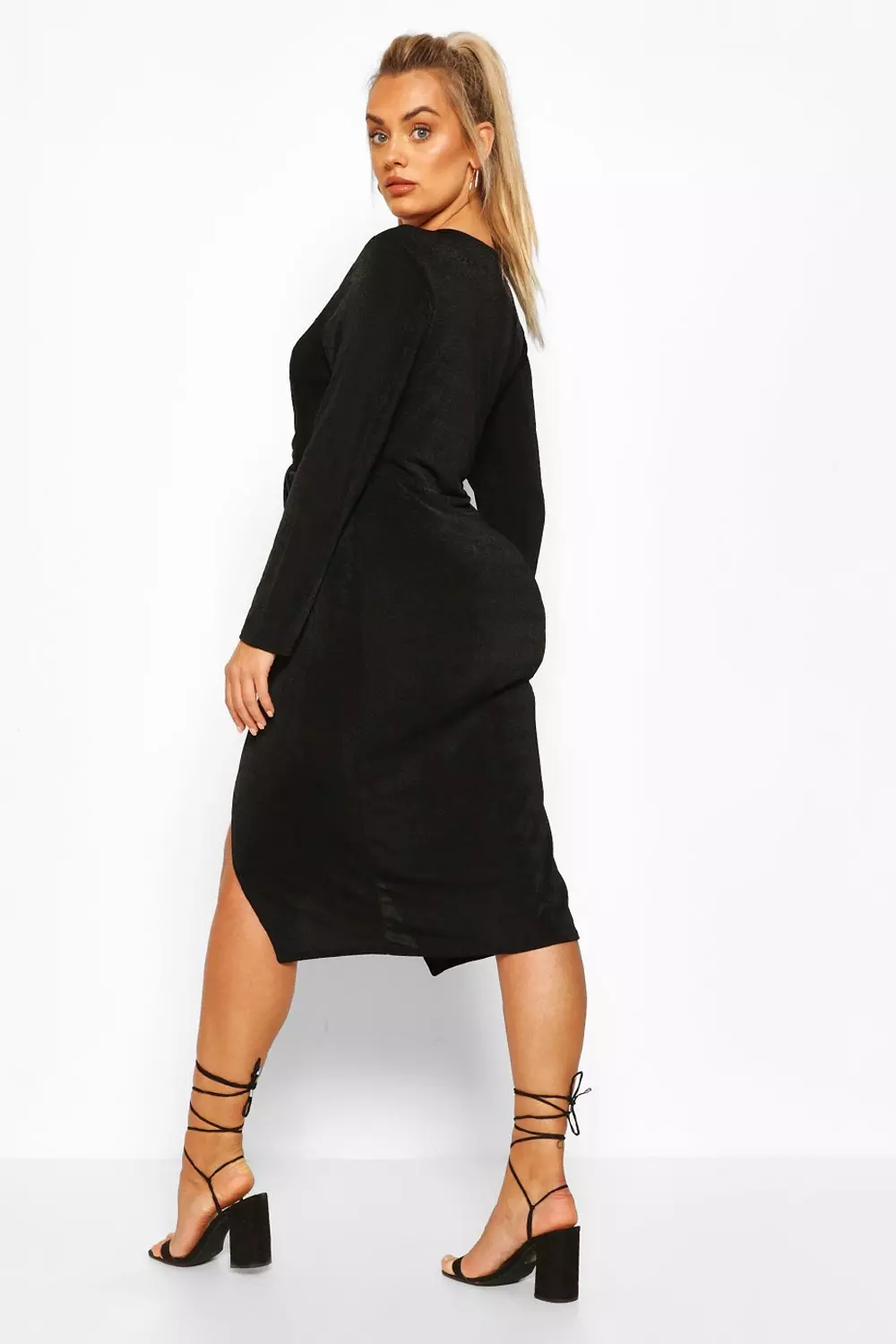 Black Plus Textured Slinky Twist Detail Wrap Midi Dress alternative image