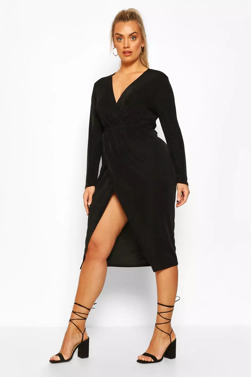 Black Plus Textured Slinky Twist Detail Wrap Midi Dress alternative image