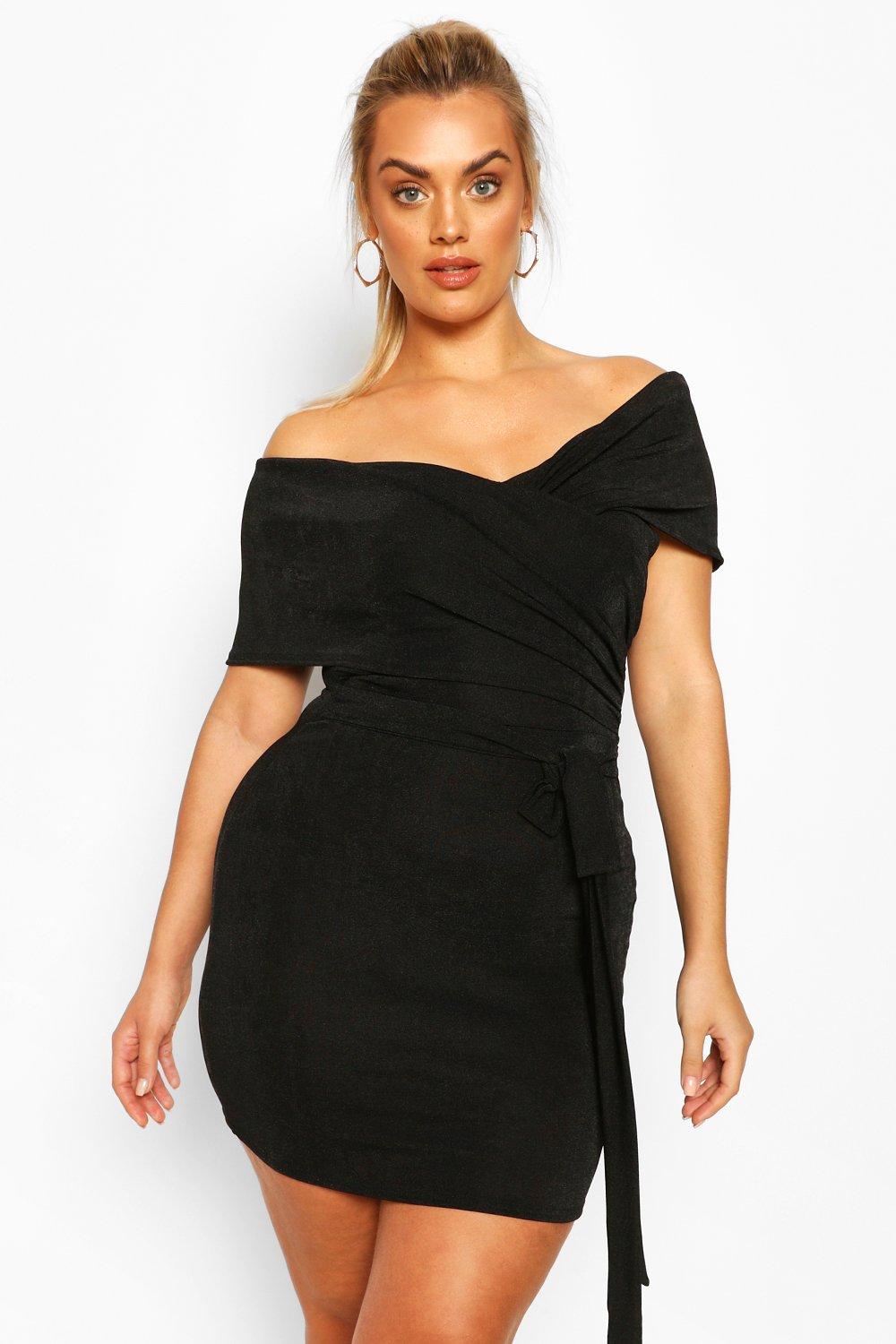 boohoo off the shoulder wrap dress