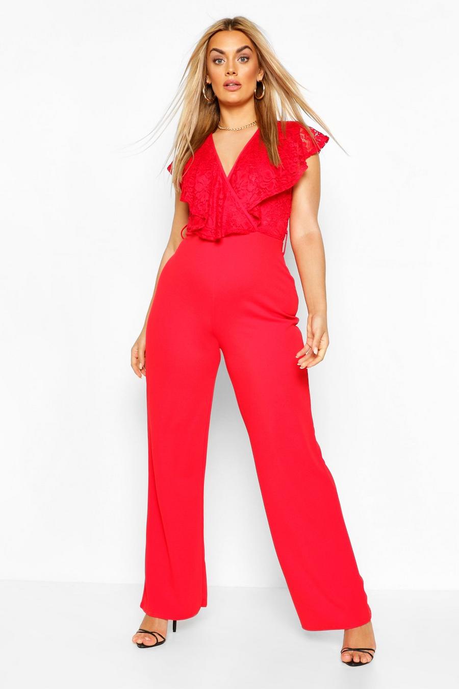Plus Lace Ruffle Wrap Wide Leg Belted Jumpsuit image number 1