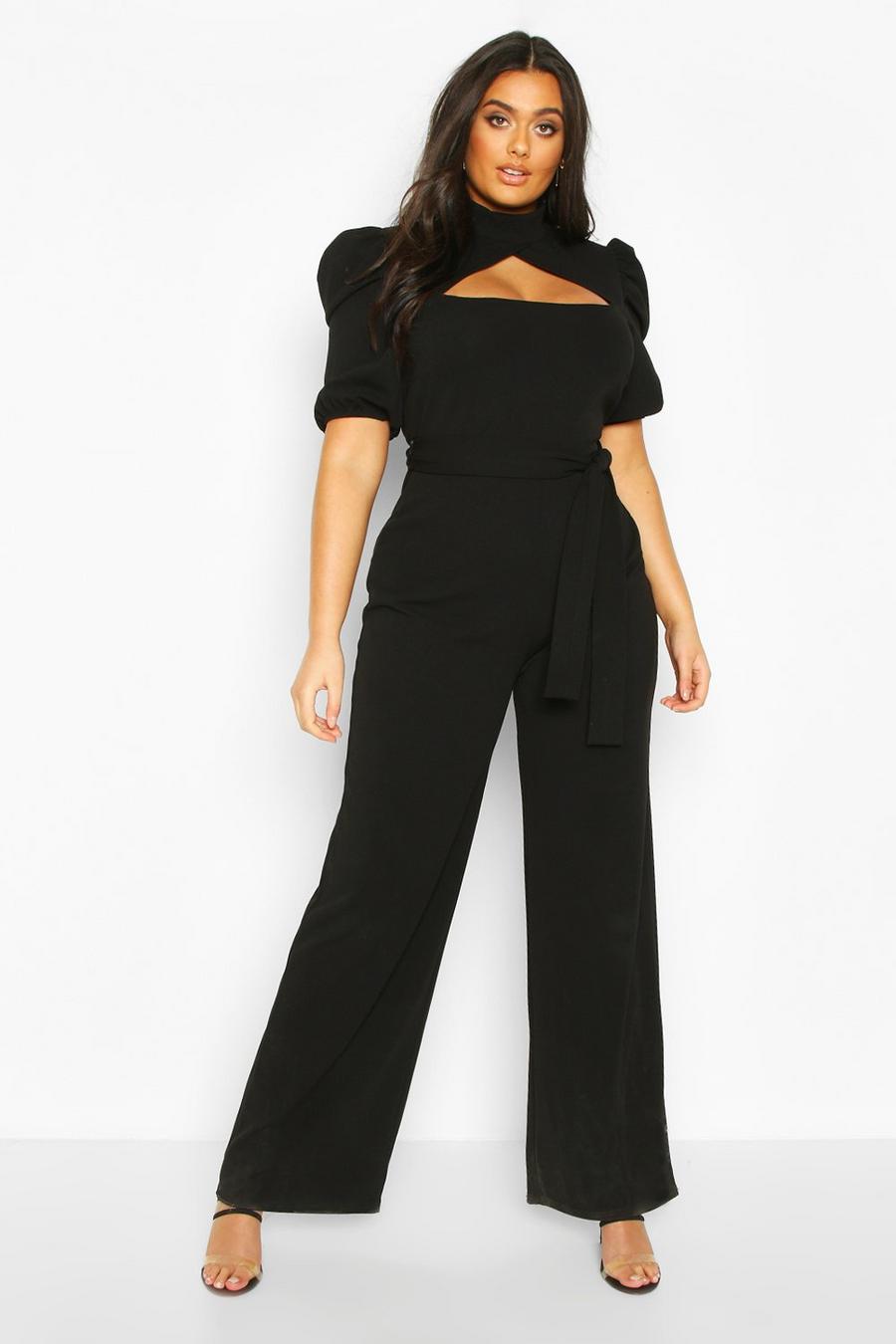 Black Plus Choker Cut Out Puff Sleeve Jumpsuit image number 1