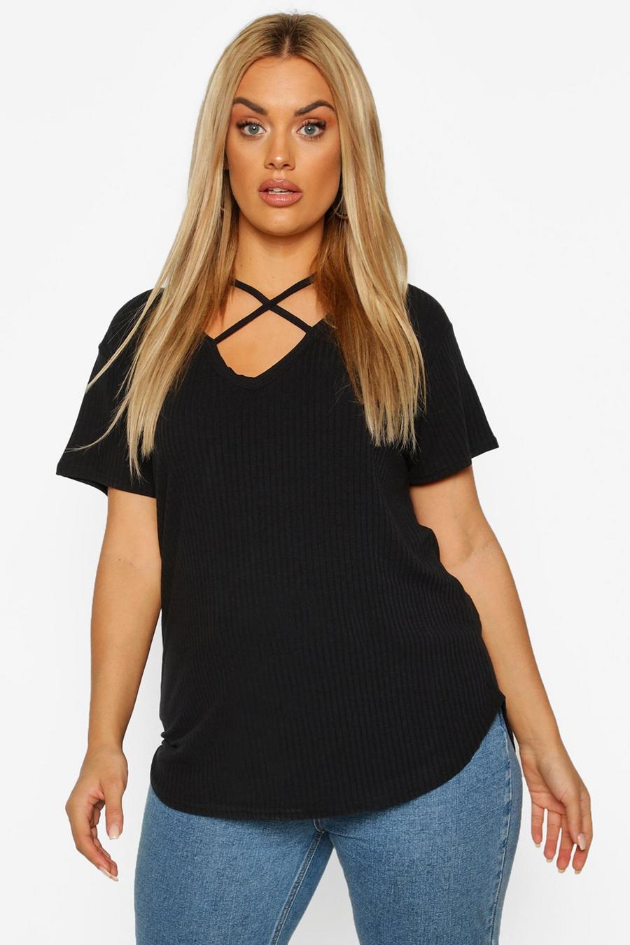 Black Plus Cross Front Strap Ribbed T-Shirt image number 1