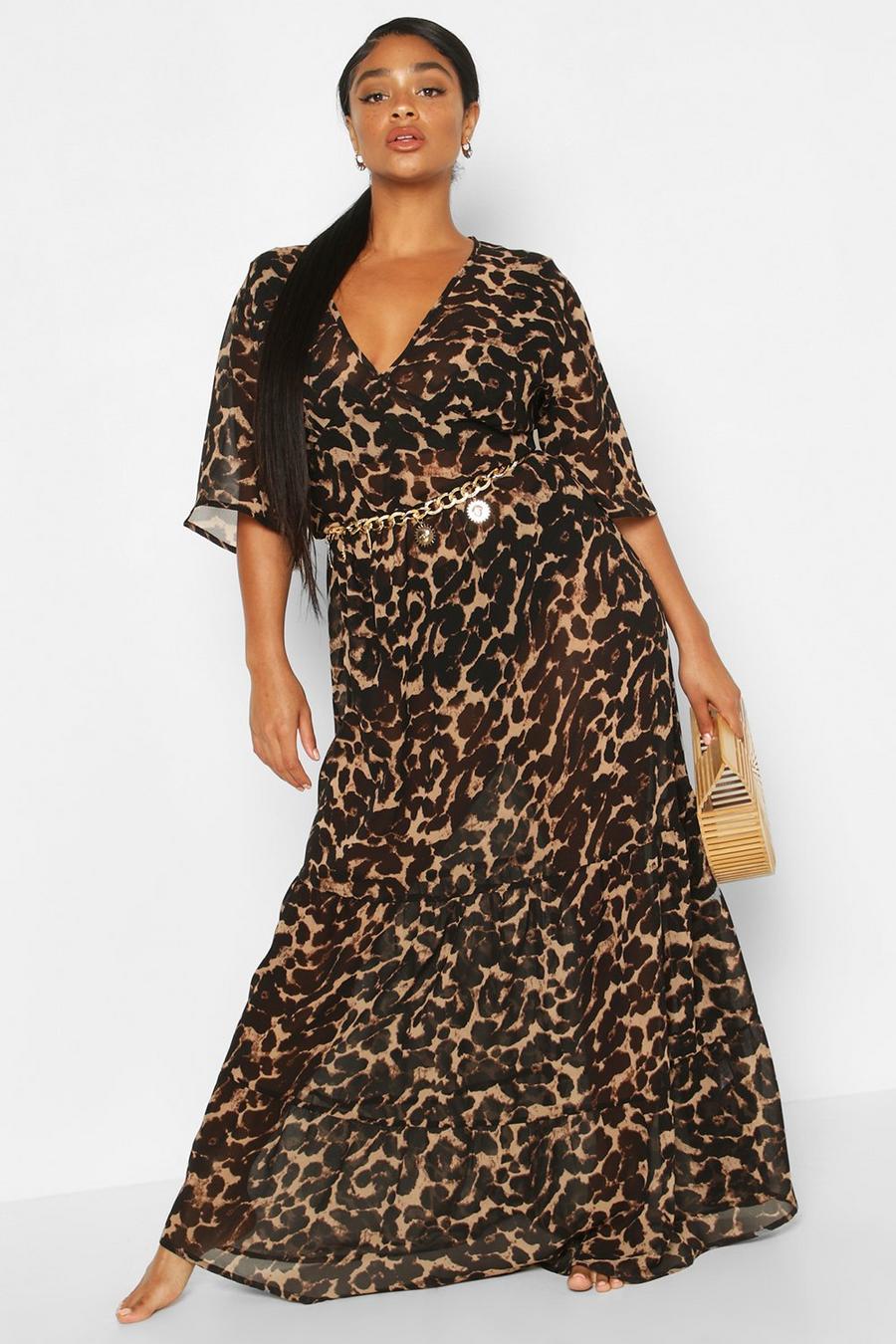 Brown Plus Leopard Ruffle Beach Midi Dress image number 1