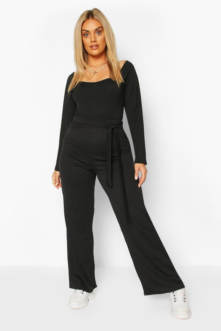 Black Plus Jumbo Rib Wide Leg Pants image number 1