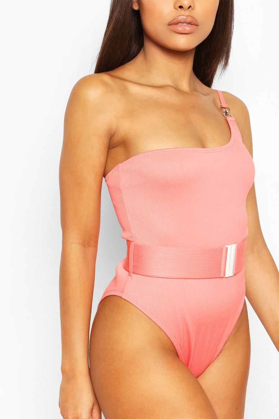 Coral Petite Rib One Shoulder Belted Swimsuit image number 1