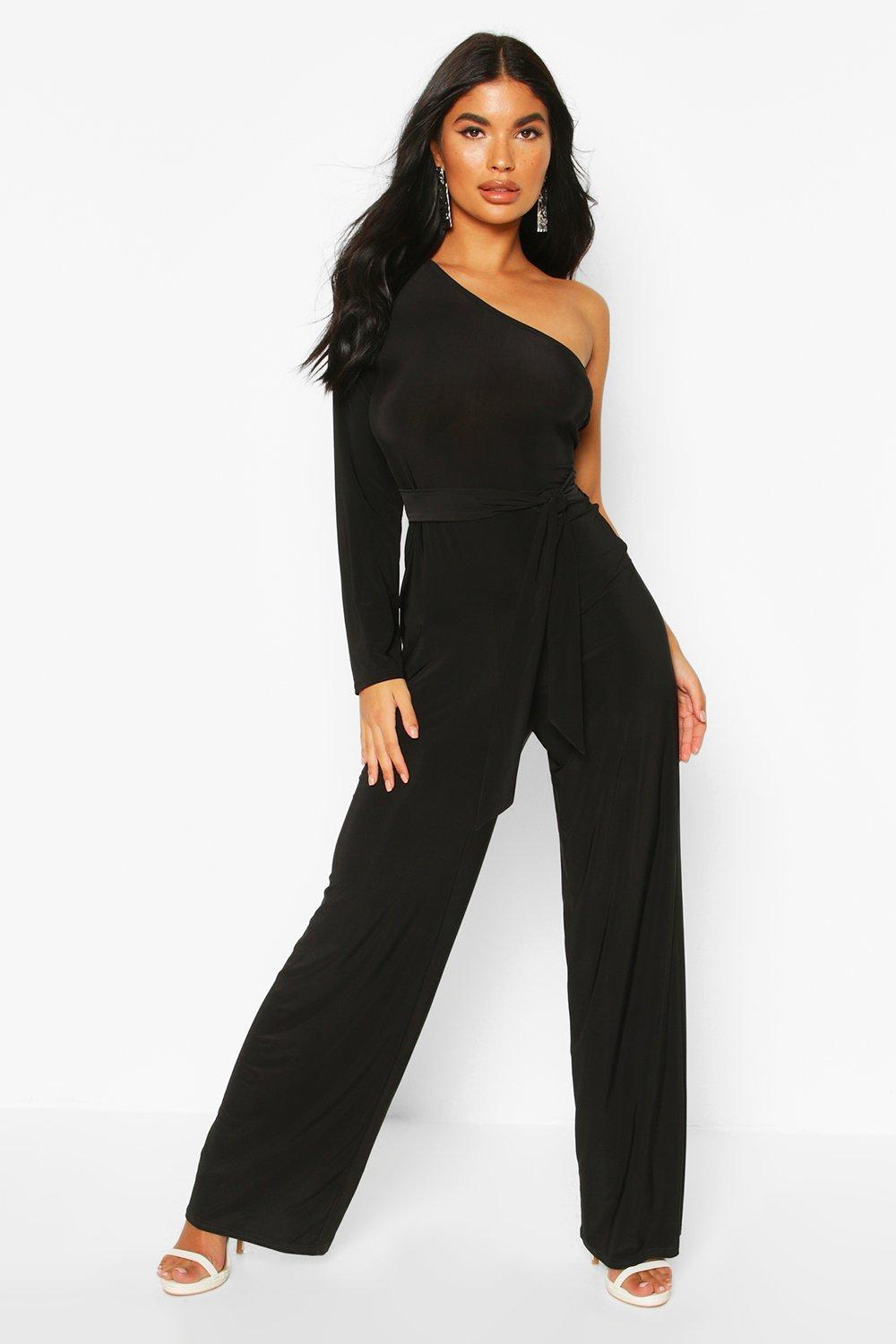 one shoulder tie waist jumpsuit