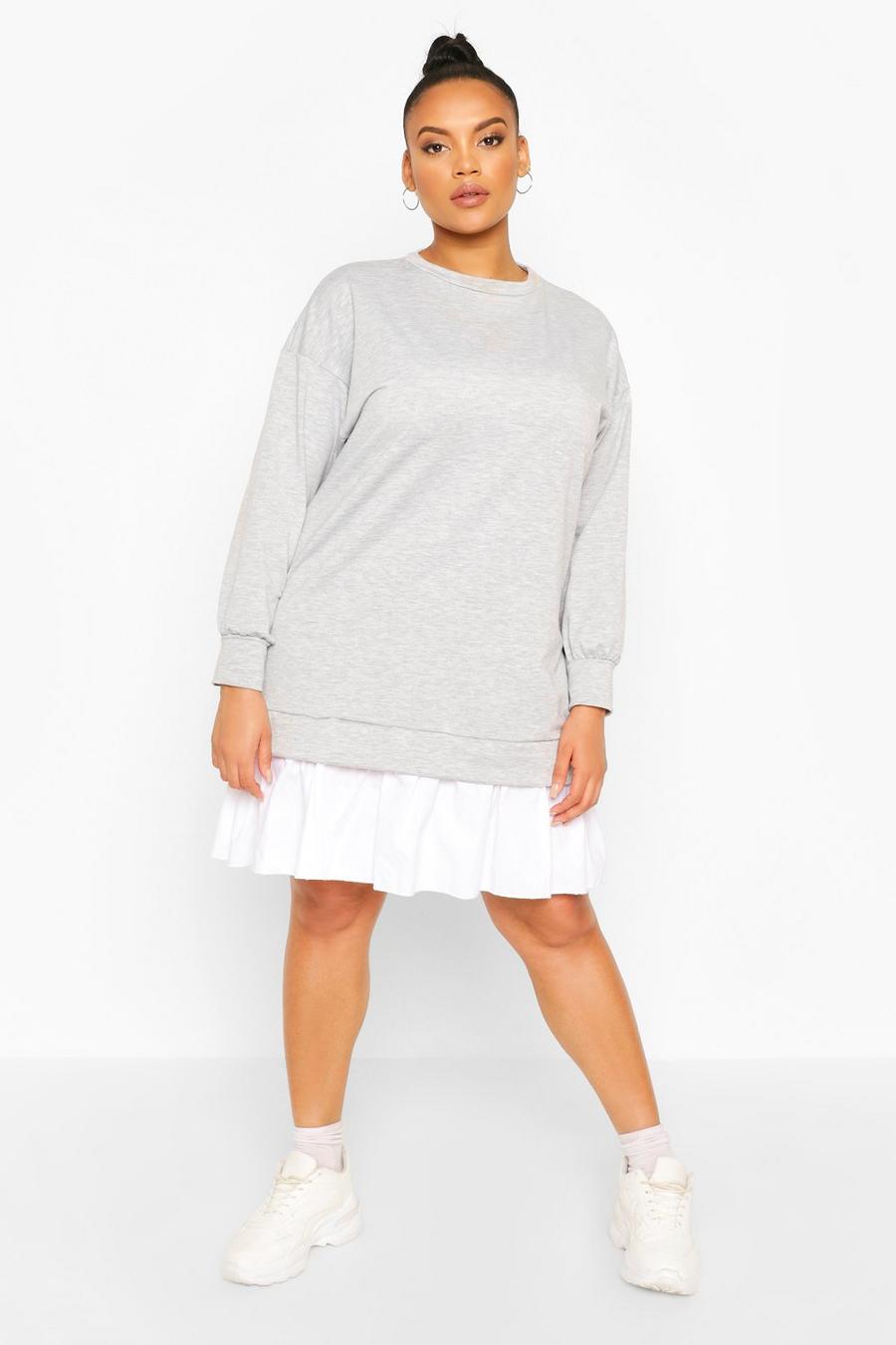 Plus - Sweatshirtklänning i bomull med volanger och kontrastdetaljer image number 1
