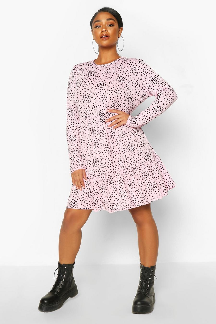 Pink Plus Heart Ruffle Printed Smock Dress image number 1