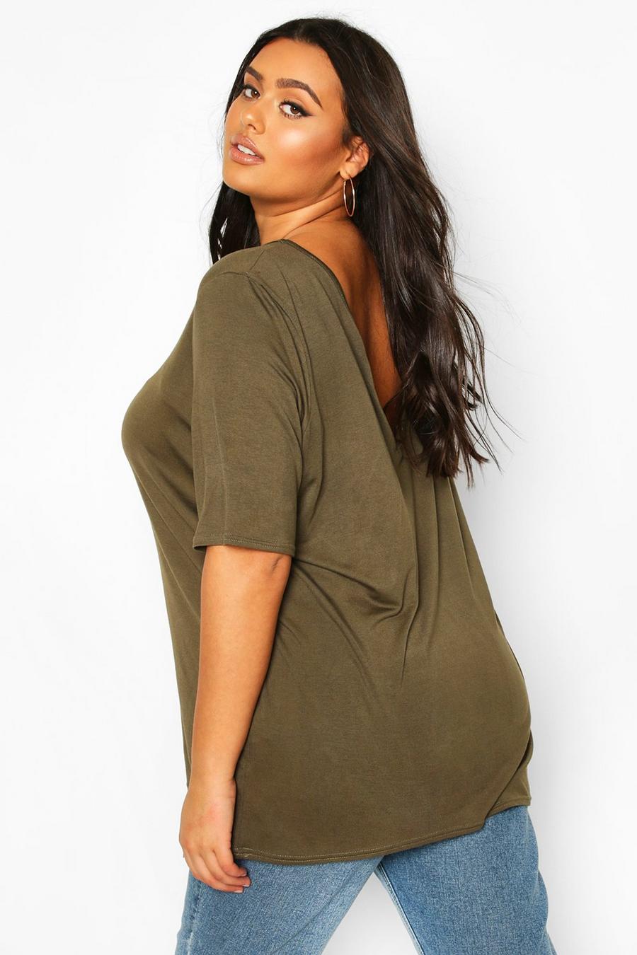 Khaki Plus Basic V Back Oversized T-shirt image number 1