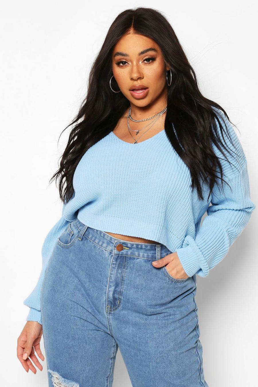 Grande taille - Pull court style marin col en V , Bleu pastel image number 1