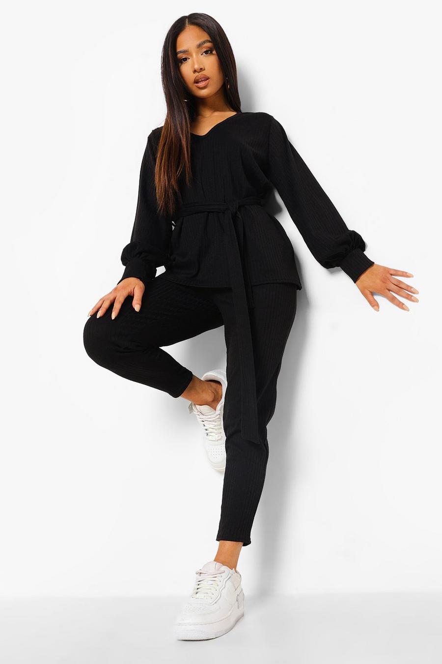 Black Petite Knitted Soft Rib Legging Two-Piece image number 1