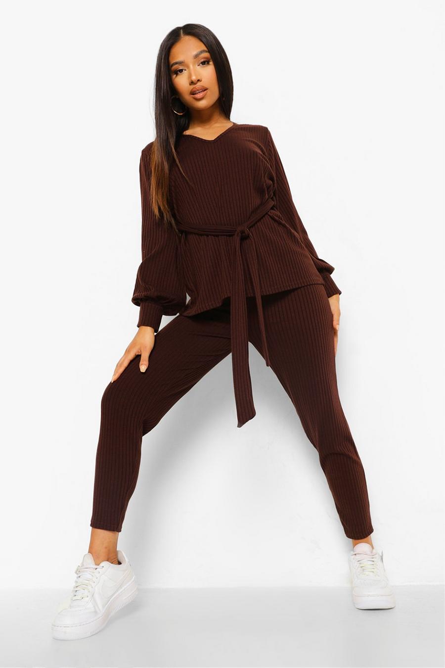 Brown Petite Knitted Soft Rib Legging Co-Ord image number 1