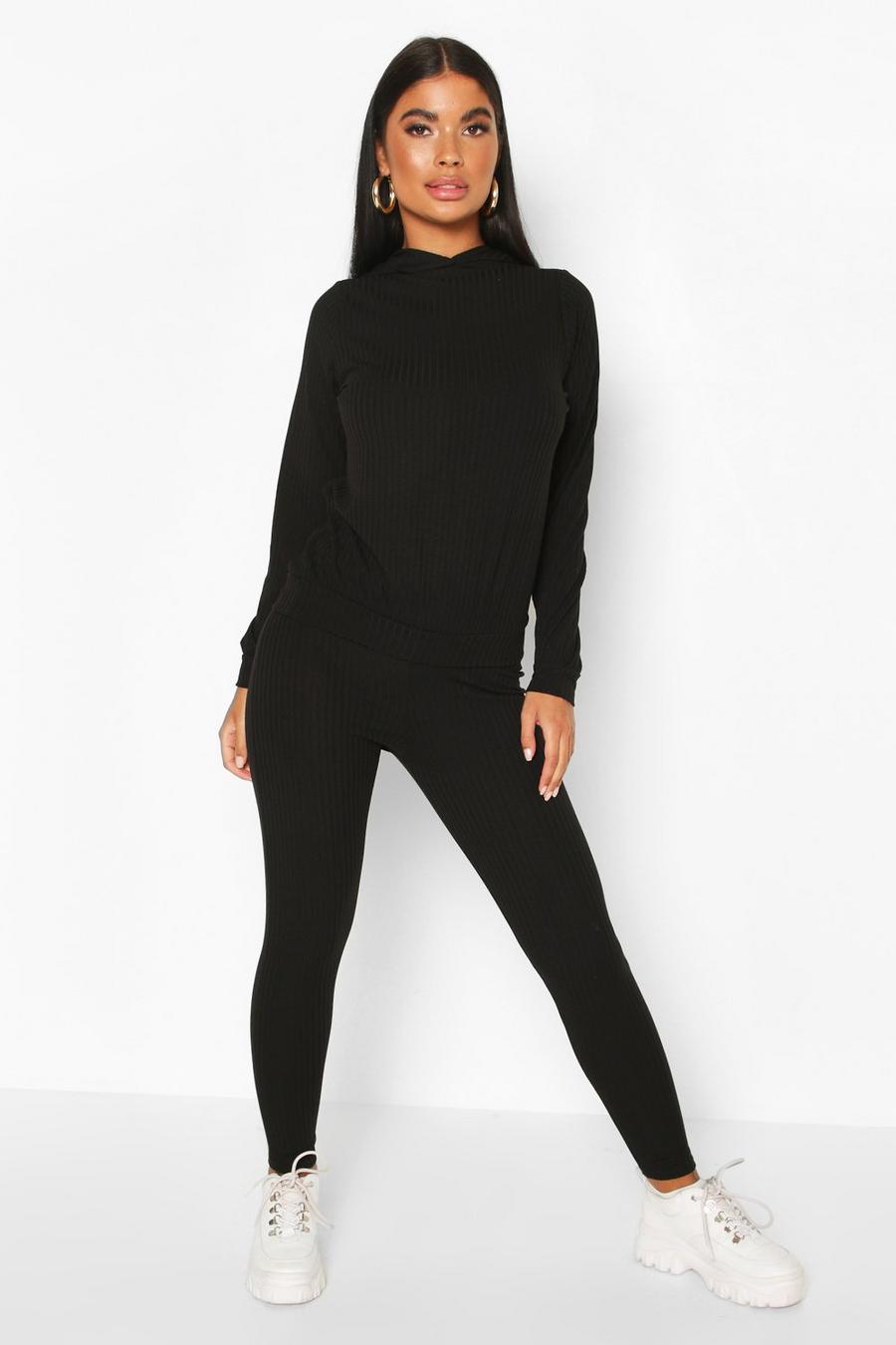 Black Petite Knitted Soft Rib Hoody and Legging Co-Ord image number 1
