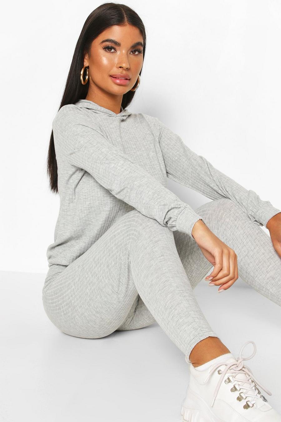 Grey gris Petite Knitted Soft Rib Hoody and Legging Co-Ord image number 1