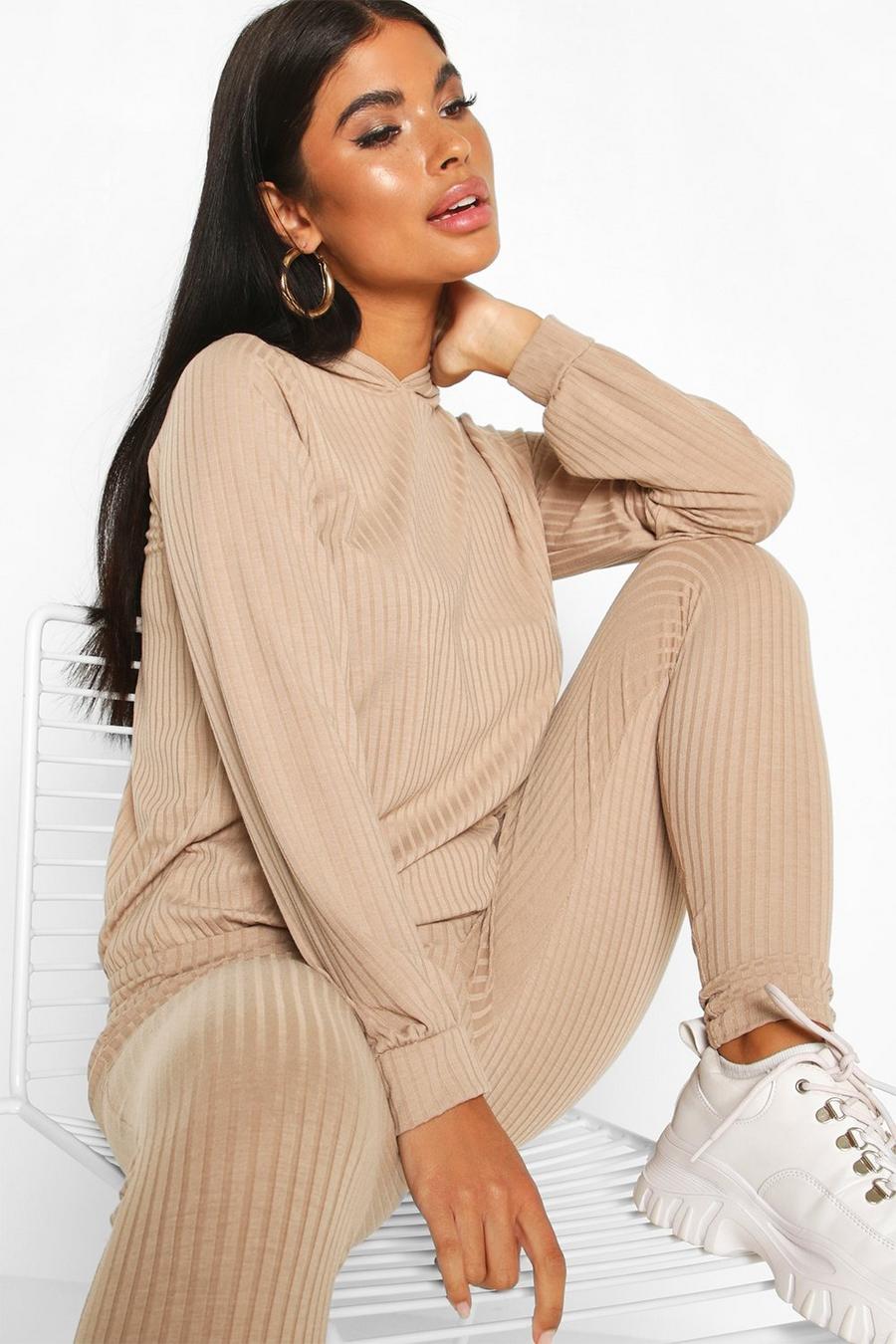 Sand Petite Knitted Soft Rib Hoody and Legging Co-Ord image number 1
