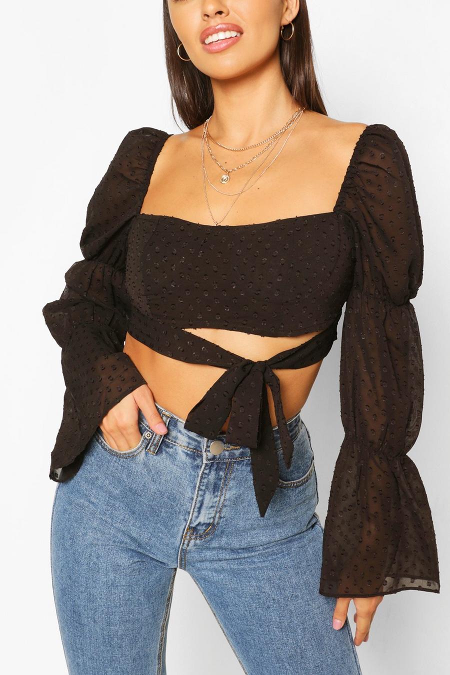 Black Petite Dobby Mesh Volume Sleeve Crop Top image number 1