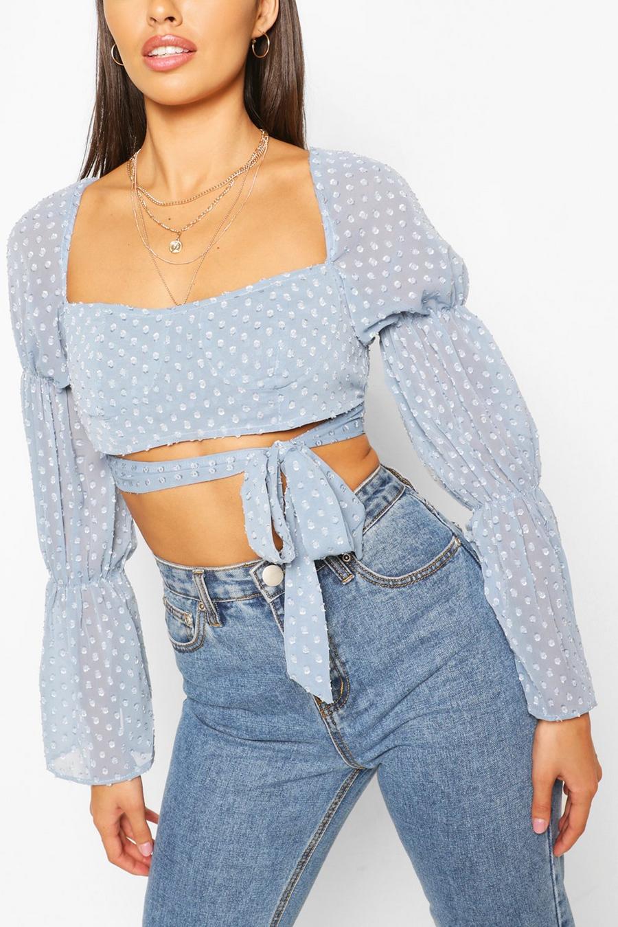 Crop top en maille Dobby à manches volumineuses Petite, Bleu image number 1