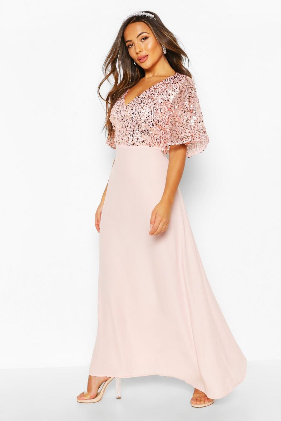 Blush rose Petite Occasion Sequin Angel Sleeve Maxi Dress