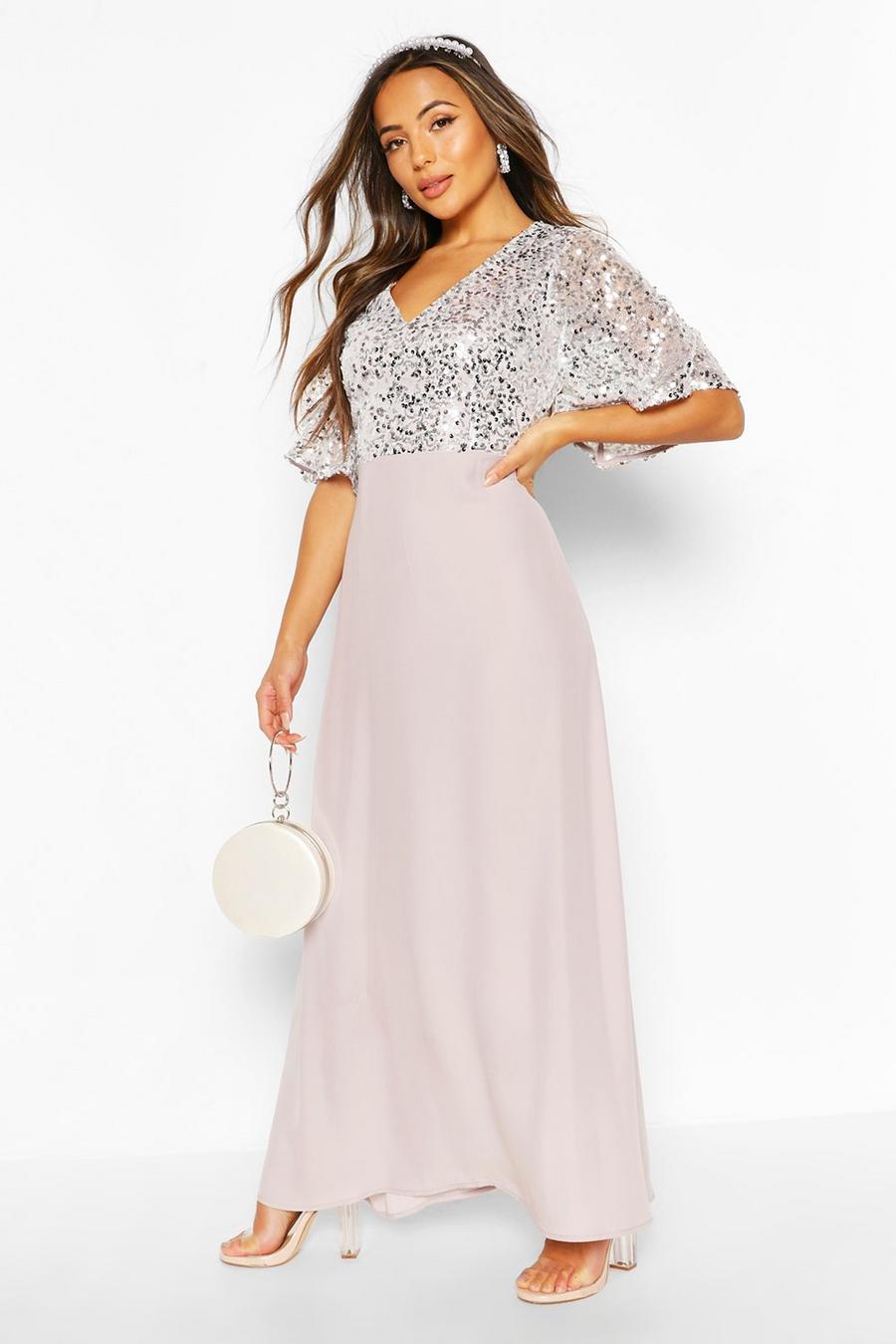 Silver Petite Occasion Sequin Angel Sleeve Maxi Dress image number 1