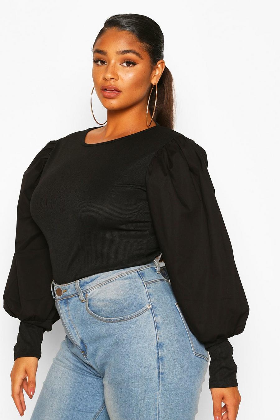 Black Plus Contrast Puff Sleeve Fitted Top image number 1