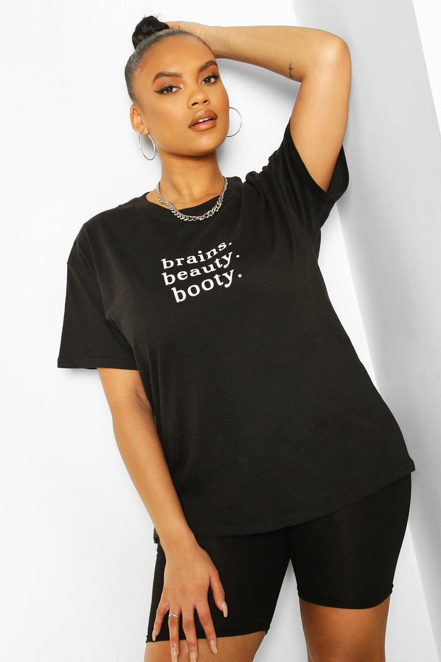 Camiseta Plus con eslogan Brains Beauty Booty, Negro nero image number 1