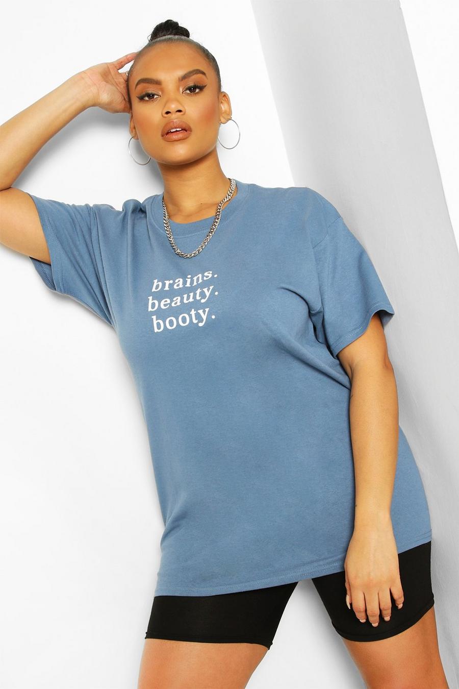 Plus T-Shirt mit Brains Beauty Booty Slogan, Petrol image number 1