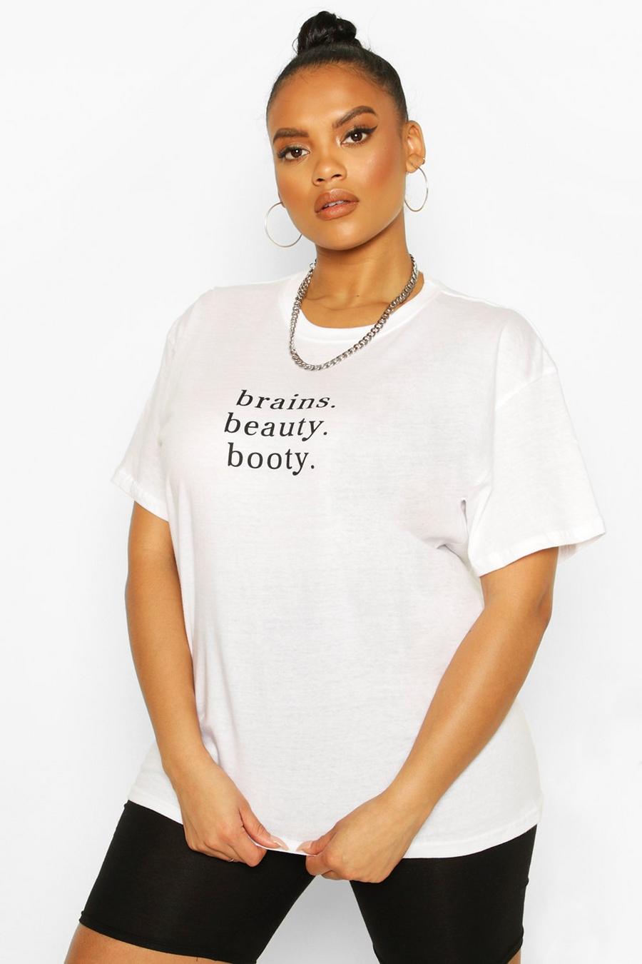 Camiseta Plus con eslogan Brains Beauty Booty, Blanco image number 1