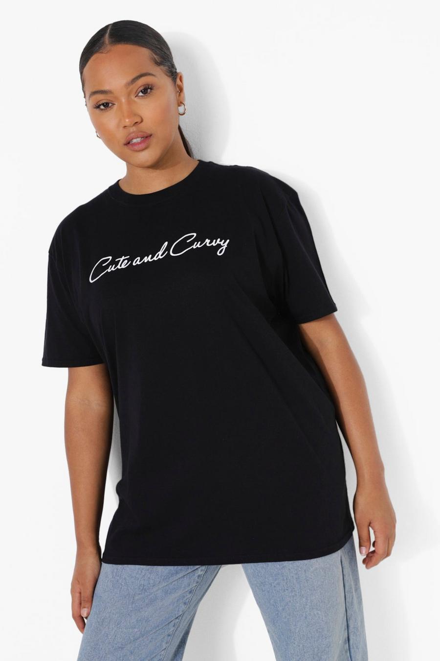 Plus T-Shirt mit Cute und Curvy Slogan, Schwarz noir image number 1