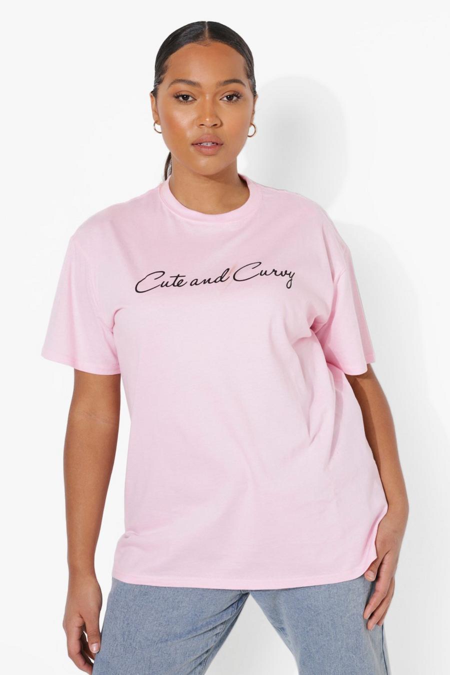 Plus T-Shirt mit Cute und Curvy Slogan, Rosa image number 1