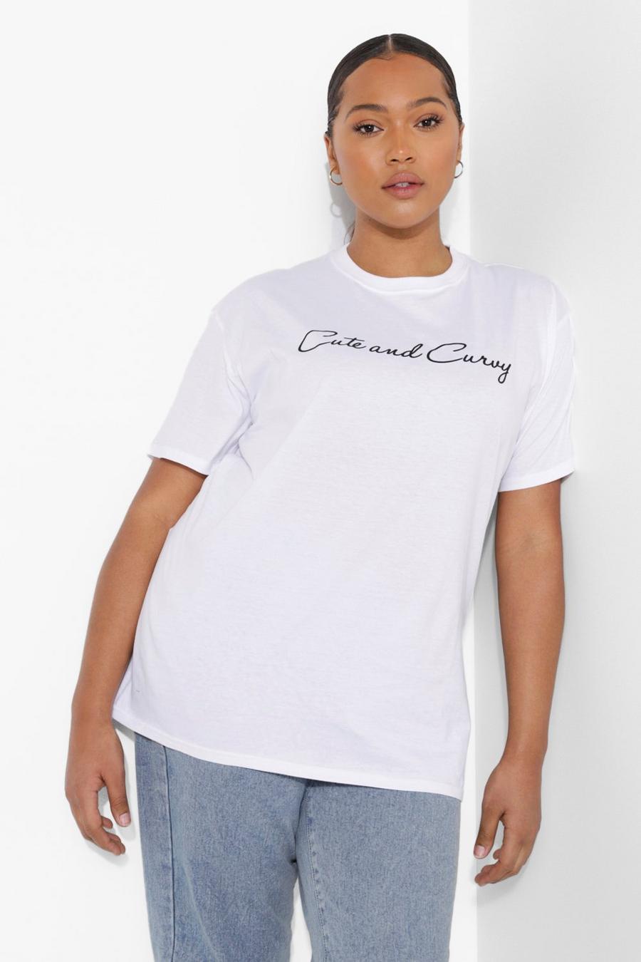Plus T-Shirt mit Cute und Curvy Slogan, Weiß image number 1