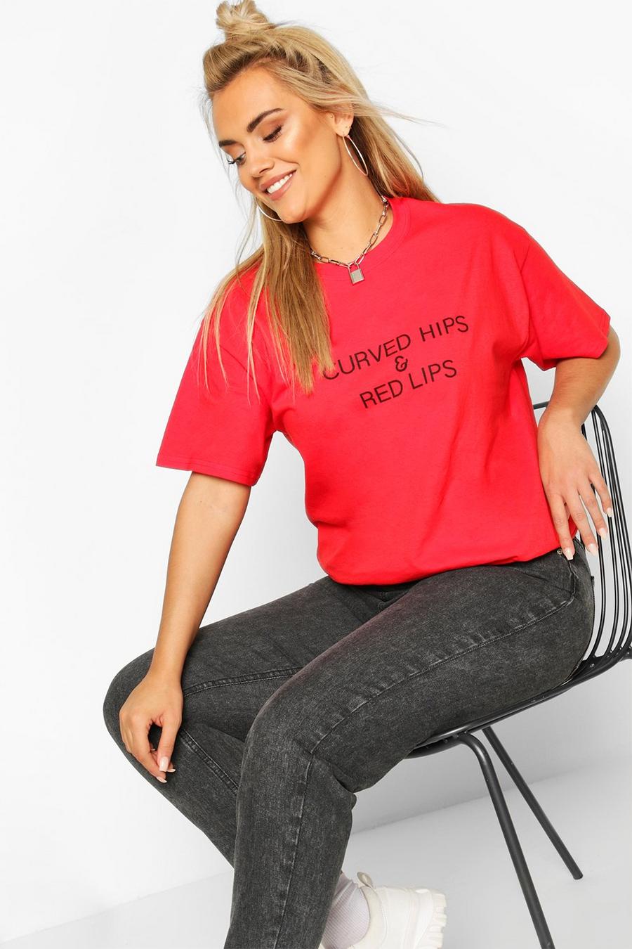 Plus T-Shirt mit „Curved Hips & Red Lips“-Slogan image number 1